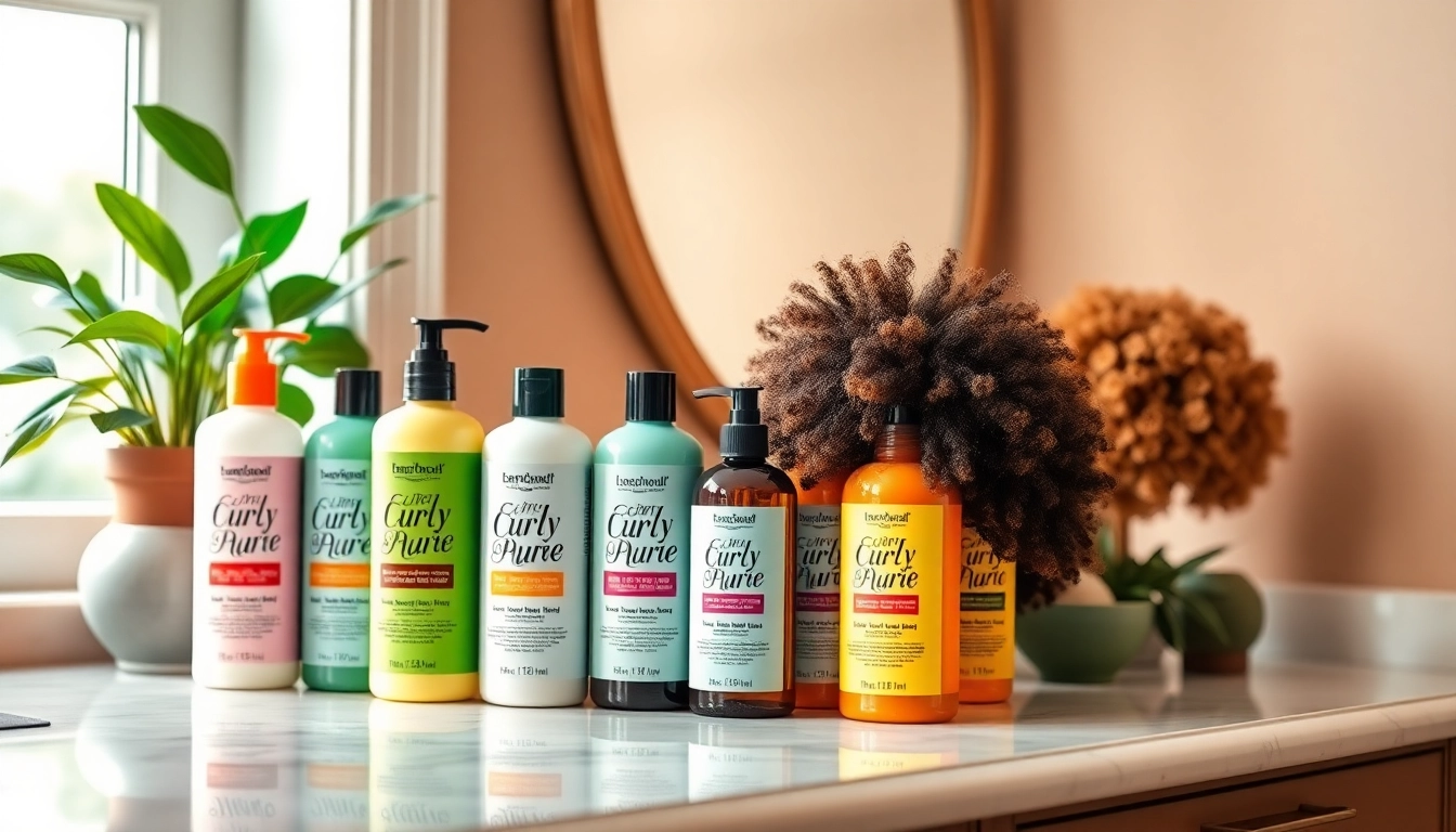 Curly hair products beautifully arranged on a vanity showcasing vibrant colors and quality.