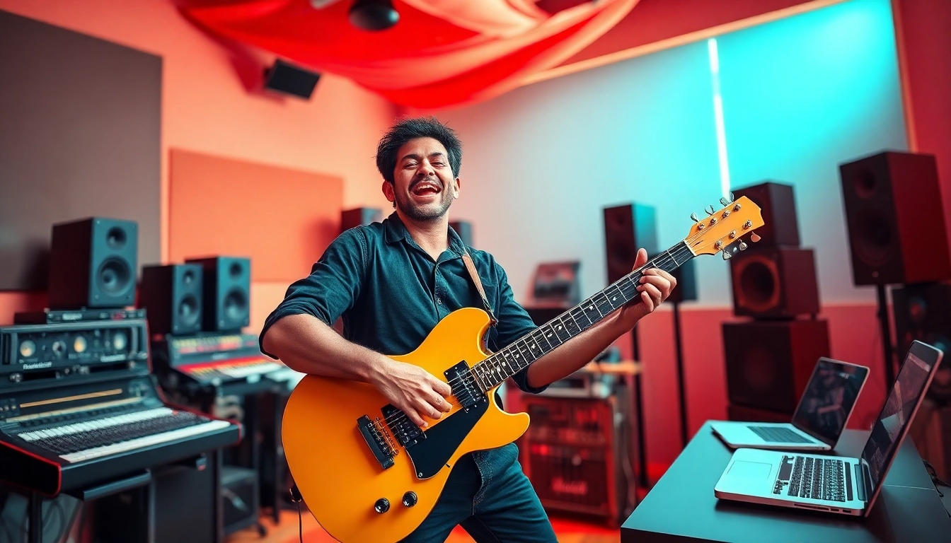 Engaging musician pitching music to an audience in a creative studio setting.