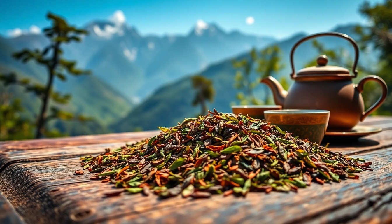 Experience the vibrant flavors of Nepal tea with beautifully presented tea leaves and cups.