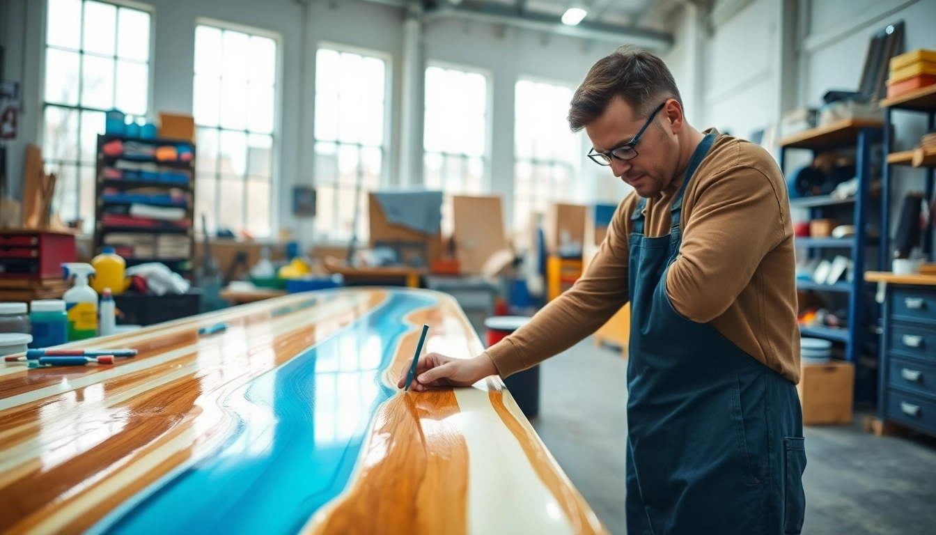 Applying laminating resin with precision in a vibrant workshop