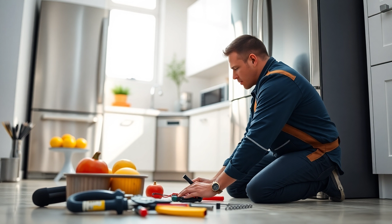 Expert appliance repair technician fixing a refrigerator in a bright kitchen.