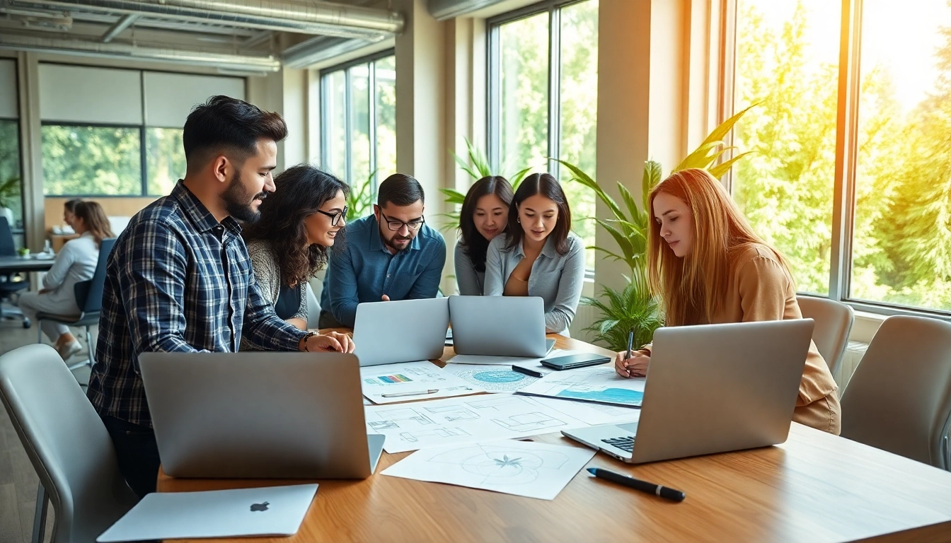 Cannabis marketing agency professionals collaborating on innovative strategies in a bright office.