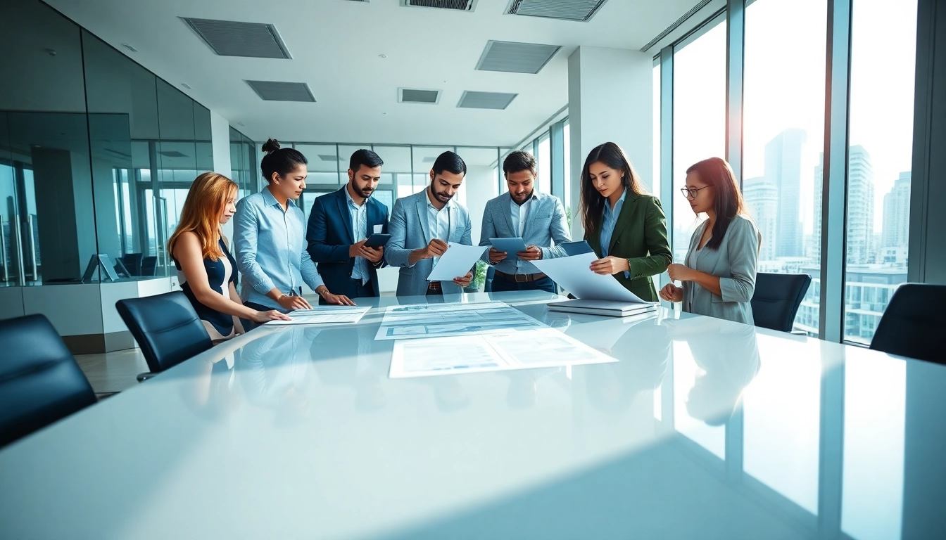 Enhancing real estate management practices in a modern office environment with a collaborative team.