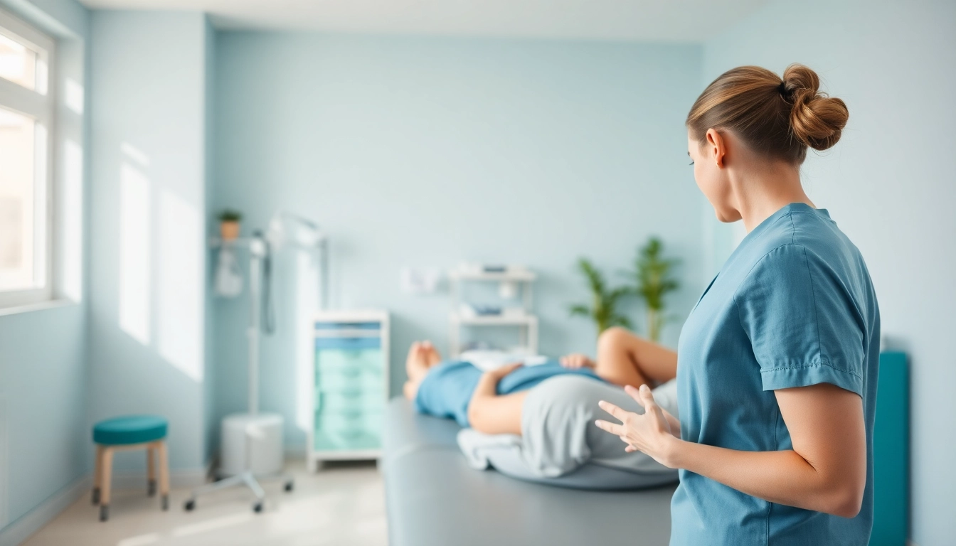 Engaging physiotherapy near me session illustrating a therapist supporting a patient in recovery.