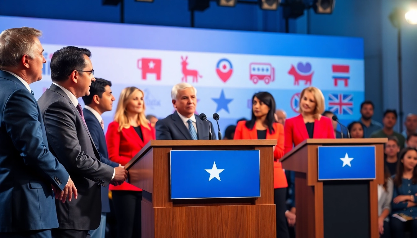 Engaging political discussion at a debate featuring diverse speakers on stage.