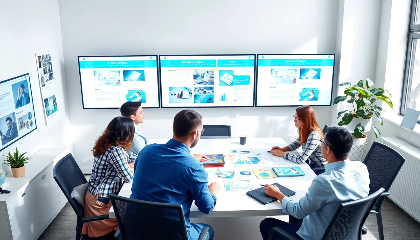 Team creating innovative edmonton web design in a collaborative office environment with vibrant displays.