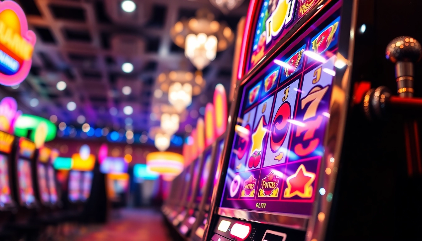 Mainan slot laku77 yang menarik dengan desain warna cerah dan suasana kasino yang hidup.