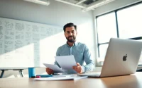 Visualize an entrepreneur embarked on a launchsuccessfulstartup journey, brainstorming ideas in a bright office.