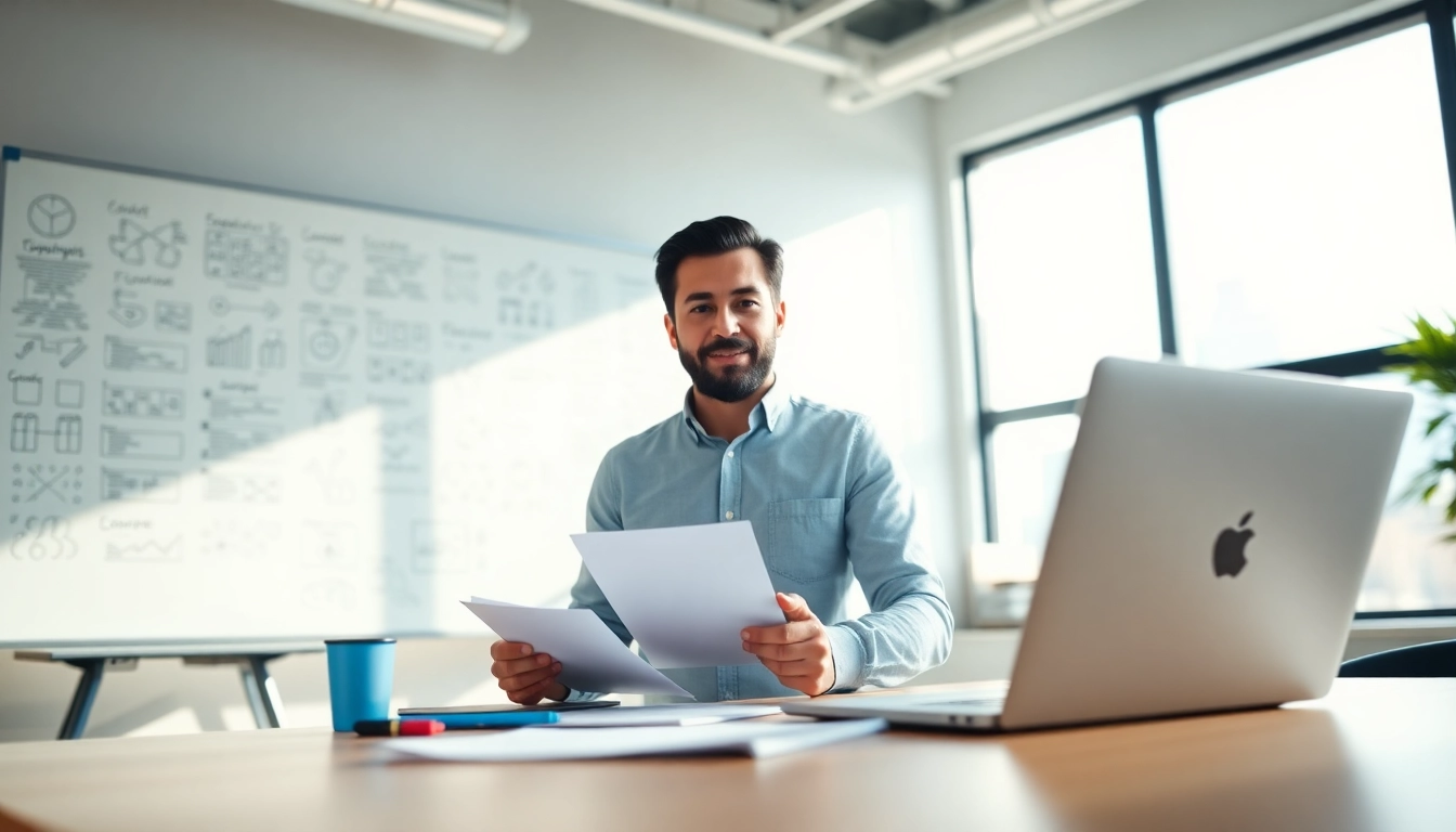 Visualize an entrepreneur embarked on a launchsuccessfulstartup journey, brainstorming ideas in a bright office.