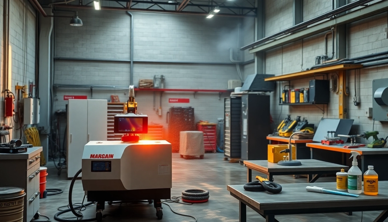 Laser cleaning machine effectively removing contaminants from metal surfaces in a workshop.