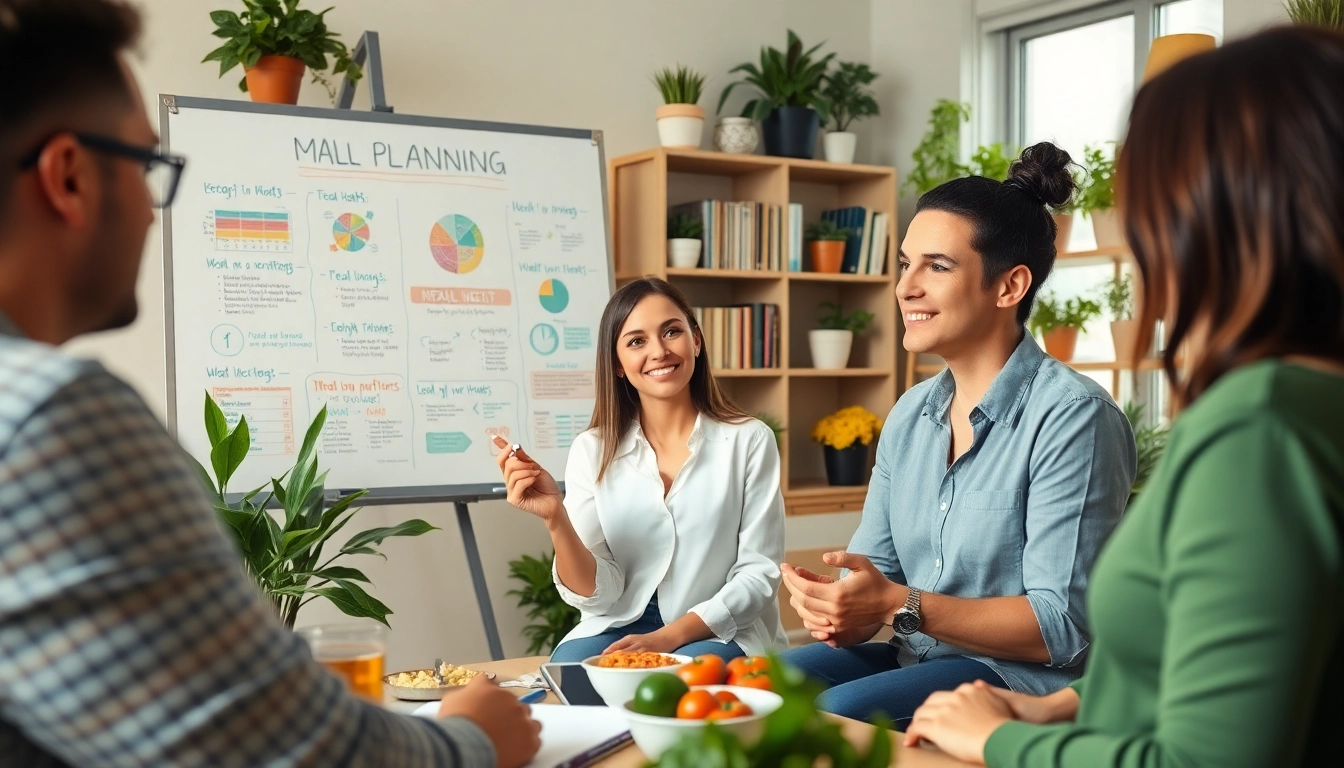 Engaging nutritionist leads clients in a health and weight loss planning session in a bright consultation room.