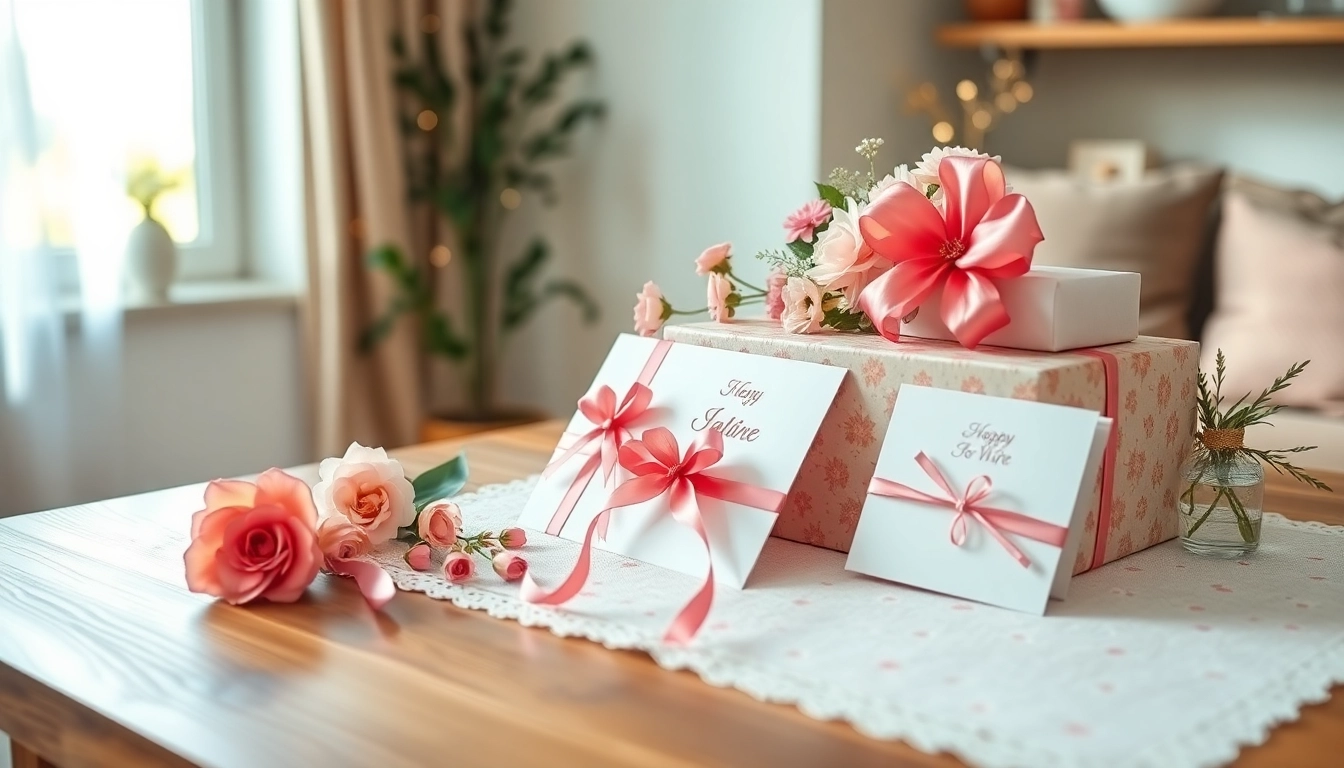 Showcasing beautiful gifts for wife on a wooden table with elegant wrapping and romantic cards.