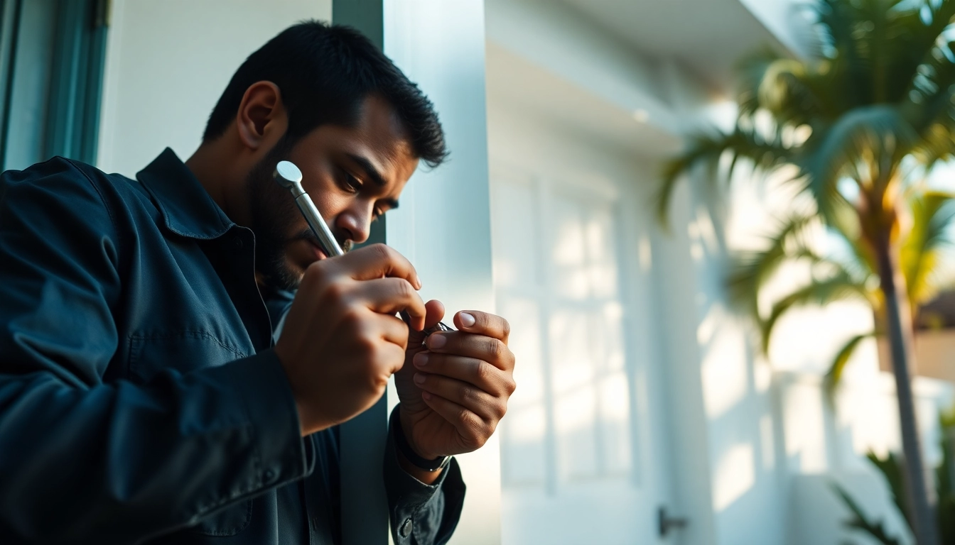 Locksmith Miami professional unlocking a door with expert tools in a bright environment.