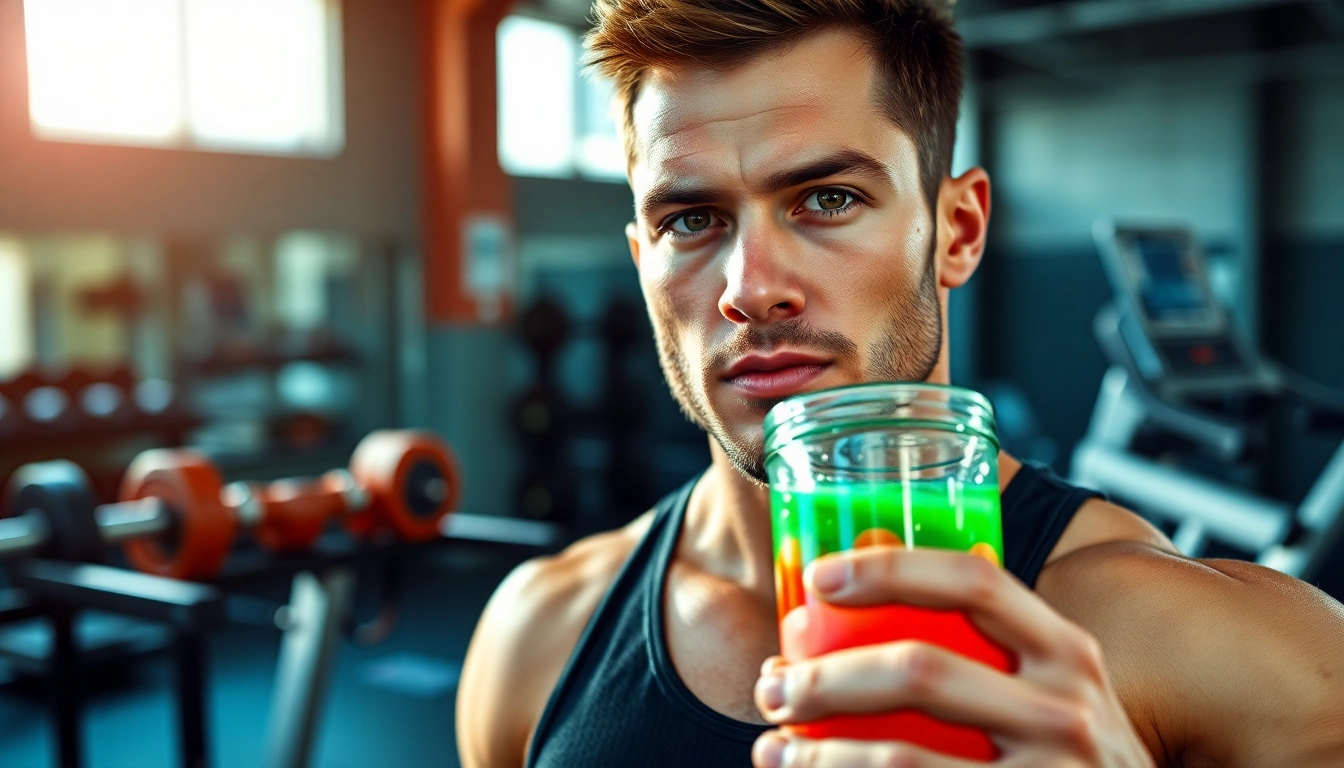 Boost energy and focus with a vibrant pre-workout drink held by an athlete in a gym.