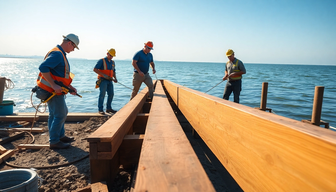 Workers engaged in bulkhead installation at a scenic waterfront, demonstrating craftsmanship and precision.