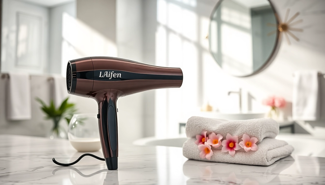 Showcase the Laifen hair dryer Canada on a stylish bathroom countertop, emphasizing its sleek design.