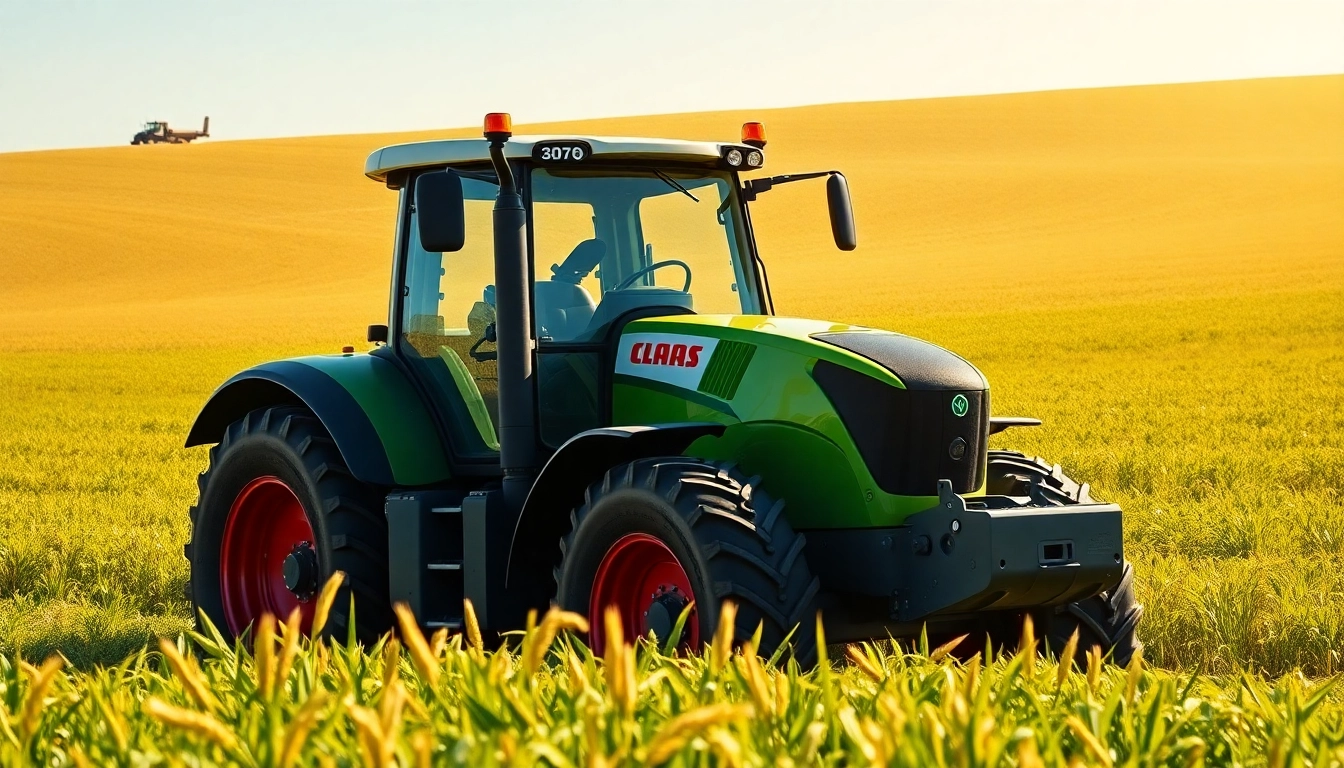 CLAAS Traktor auf einem goldenen Weizenfeld während der Erntezeit.
