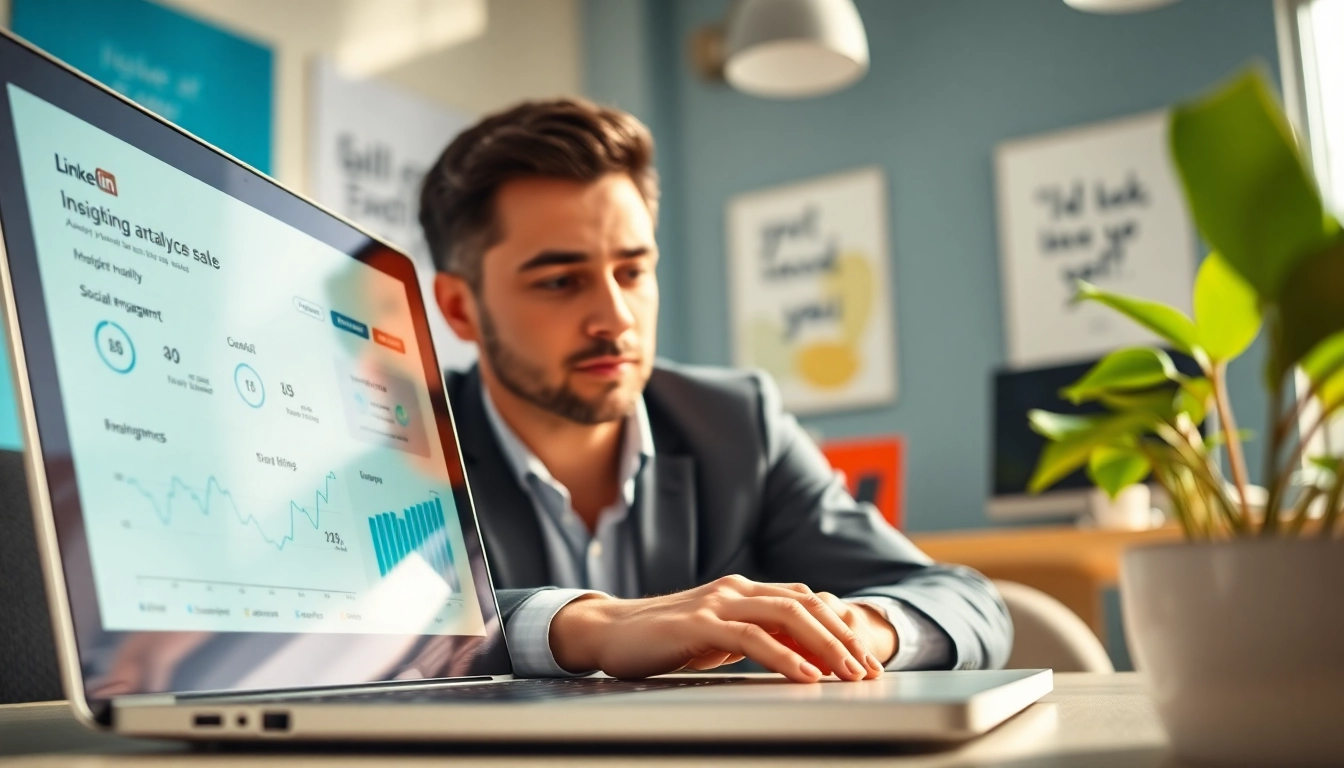 Showcasing LinkedIn automation for sales through a focused businessperson using analytics on a laptop.