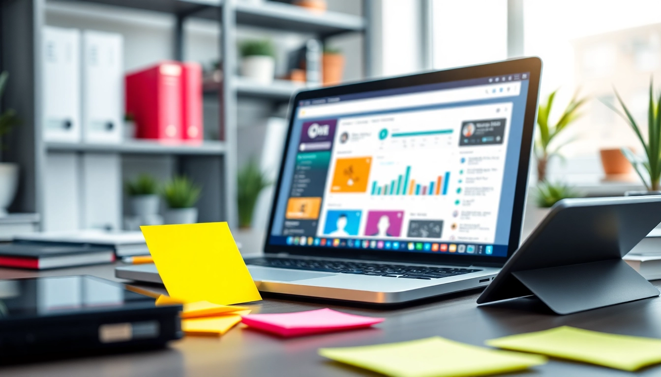 Illustration of social media and blog automation tools in a vibrant workspace.