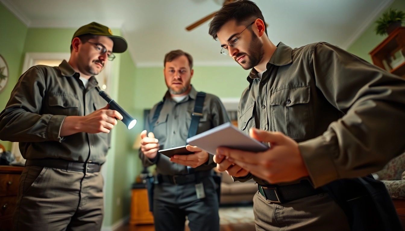 Inspecting pests with The Exterminators Pest cpntrol experts in a residential setting.