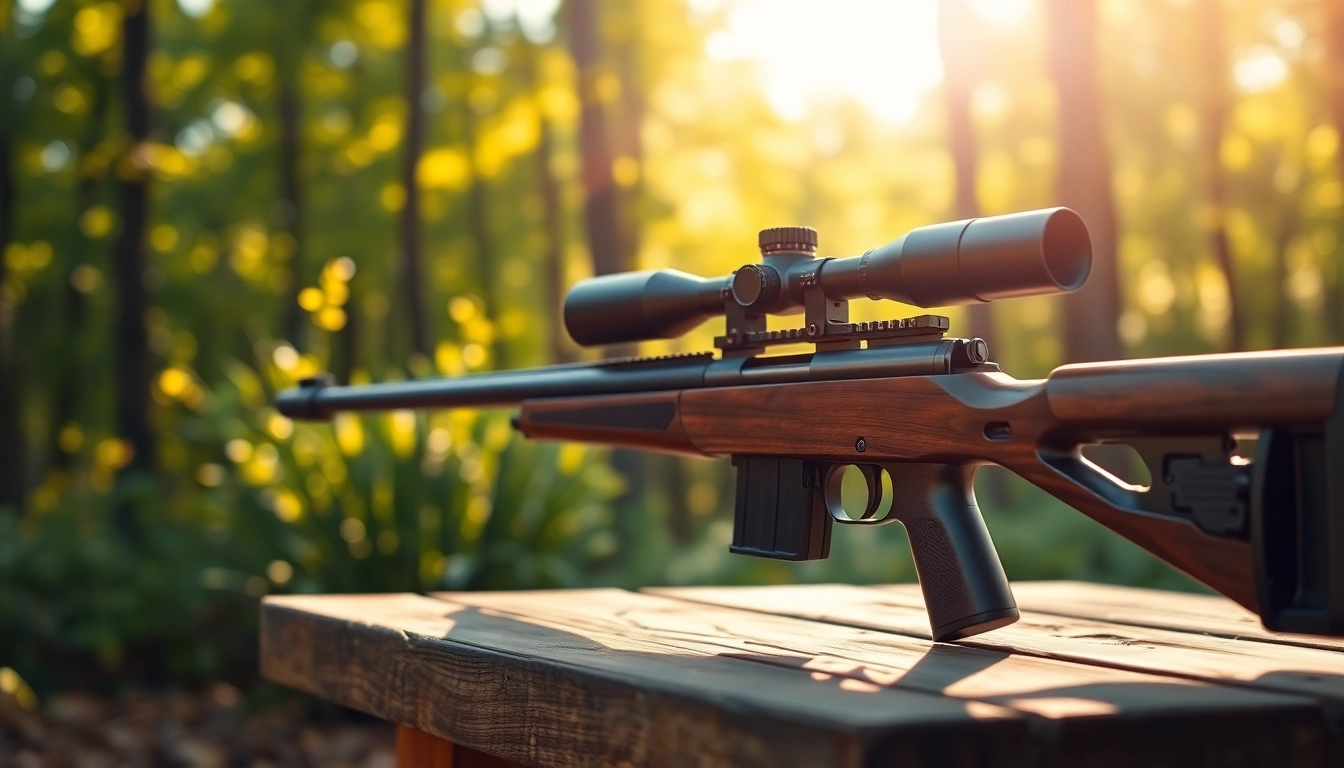 Showcasing a precision sniper gun resting on a table in a serene natural setting.