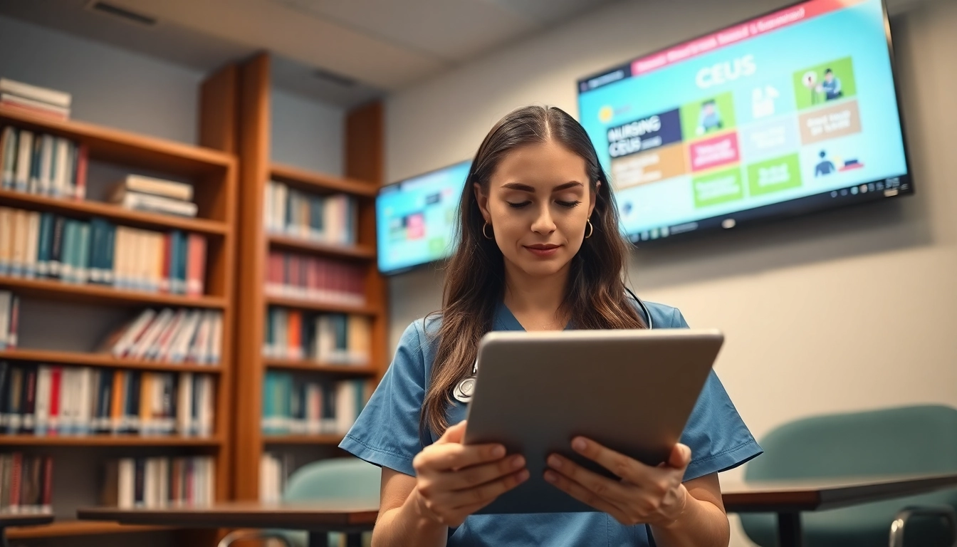 Attentive nurse studying nursing CEUs in a bright educational environment.