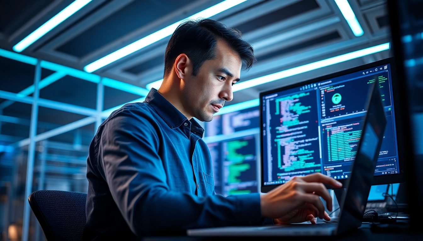 Pentesting-Experte analysiert Systeme in modernem Büro mit Hochtechnologie.