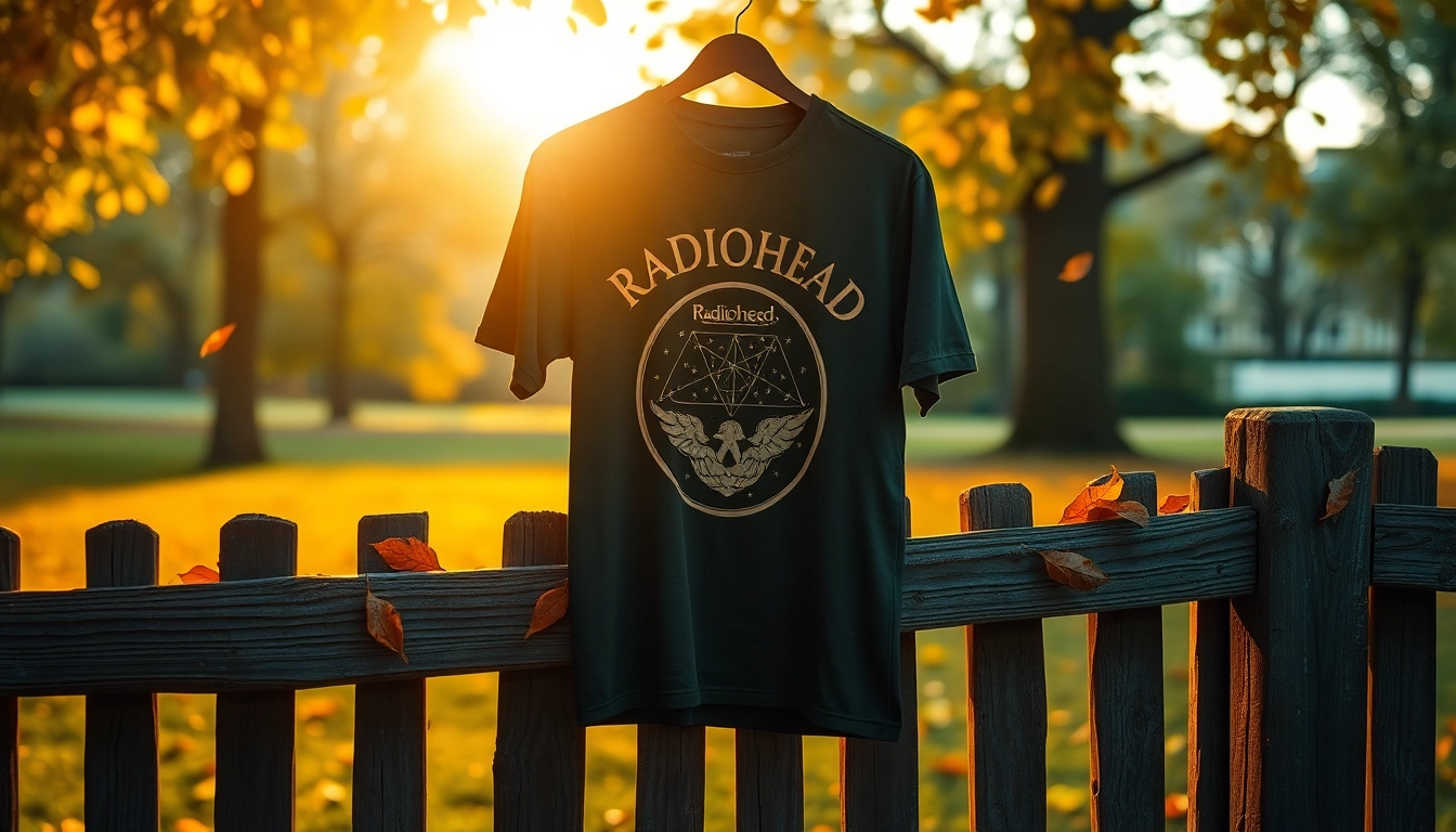 Showcase a vintage Radiohead shirt displayed artistically outdoors, evoking nostalgia.