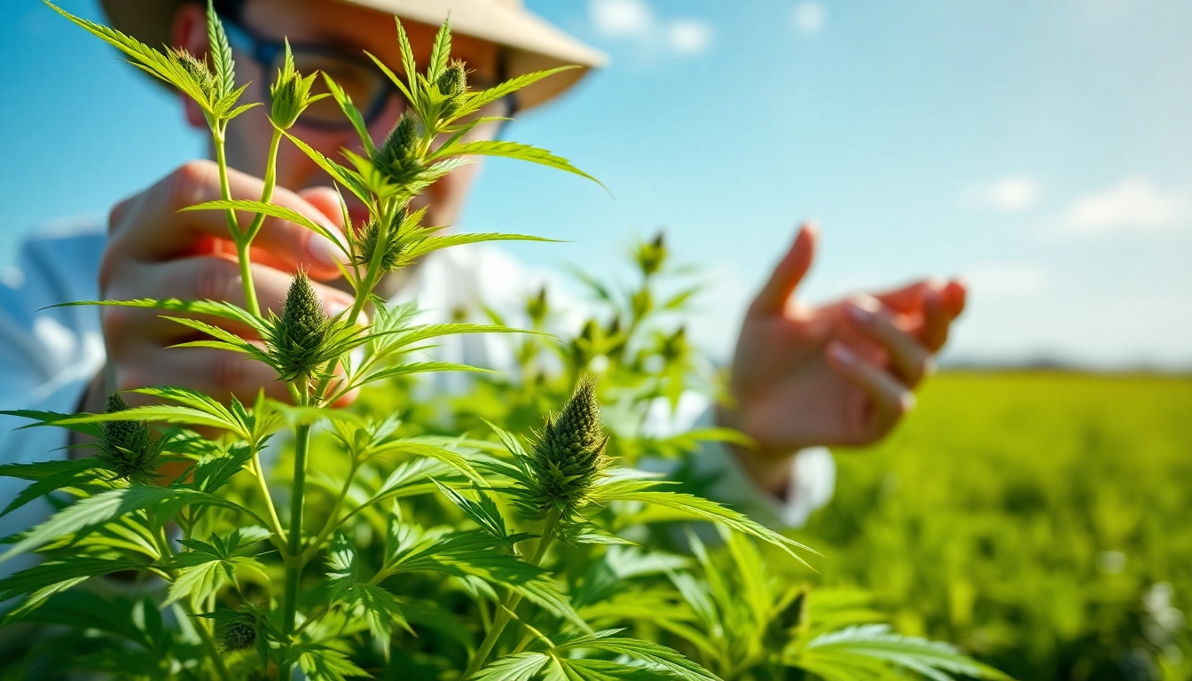 Examine cbd organics plants in a lush green field with a botanist under bright sunlight.