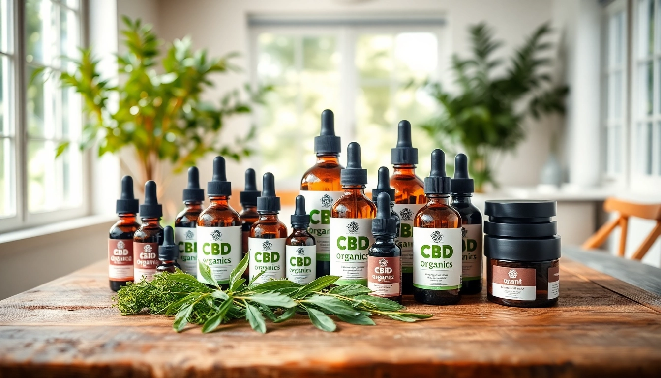 Showcase cbd organics products arranged beautifully on a rustic table with herbs and soft natural lighting.
