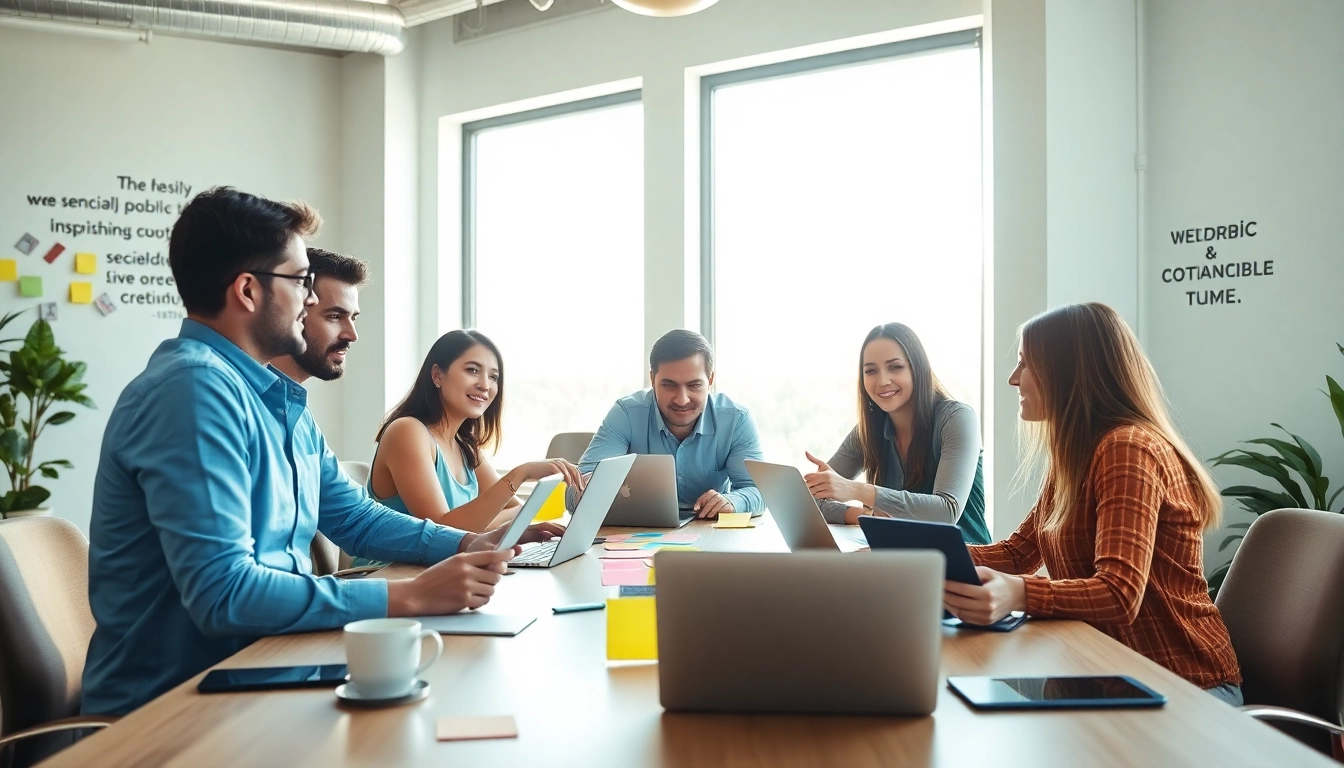 Social media agency team engaging in a brainstorming session in a modern office.