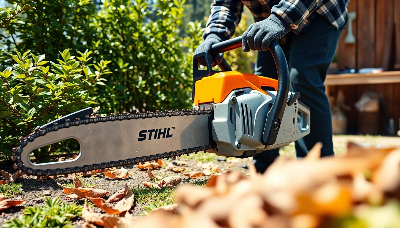 Stihl-Kettensäge, die in einem gepflegten Garten verwendet wird, unterstreicht Qualität und Leistung.