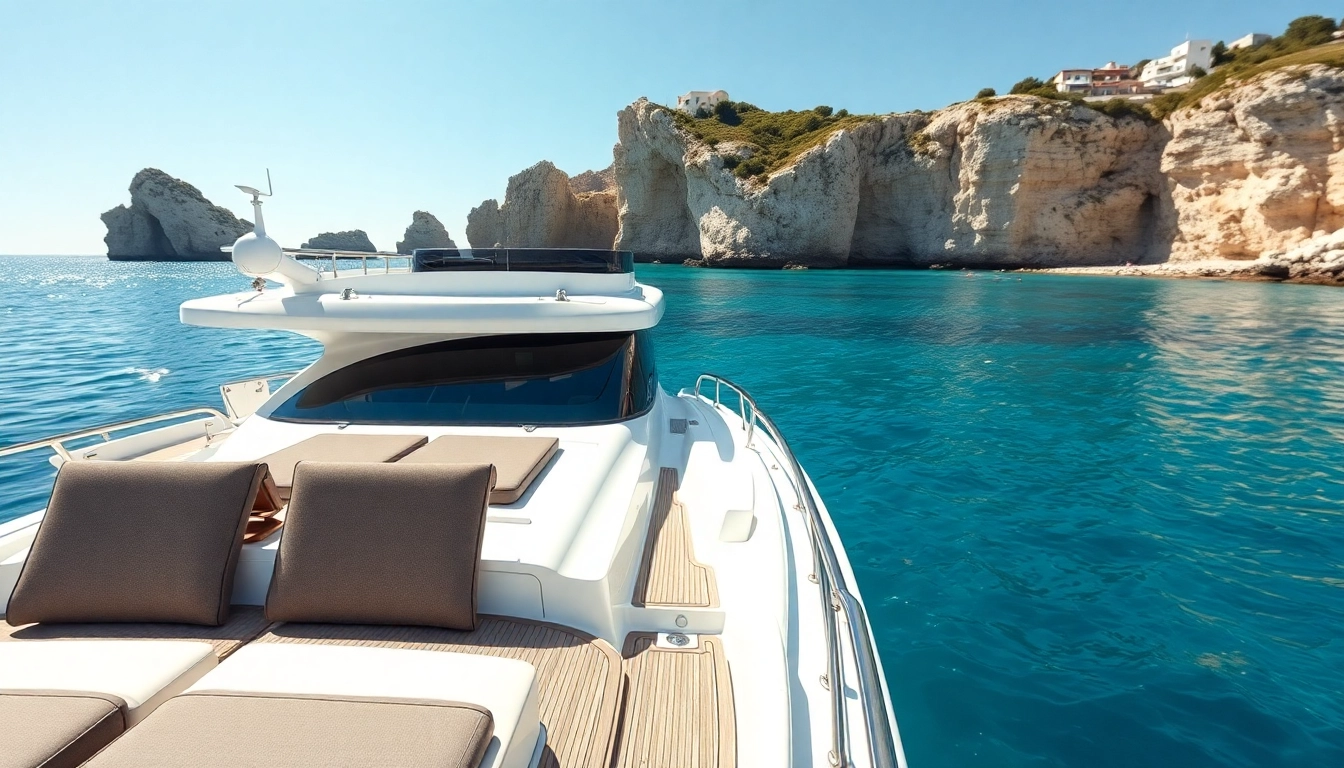 Rent a boat Malta with a sleek motor yacht before a picturesque coastal backdrop.