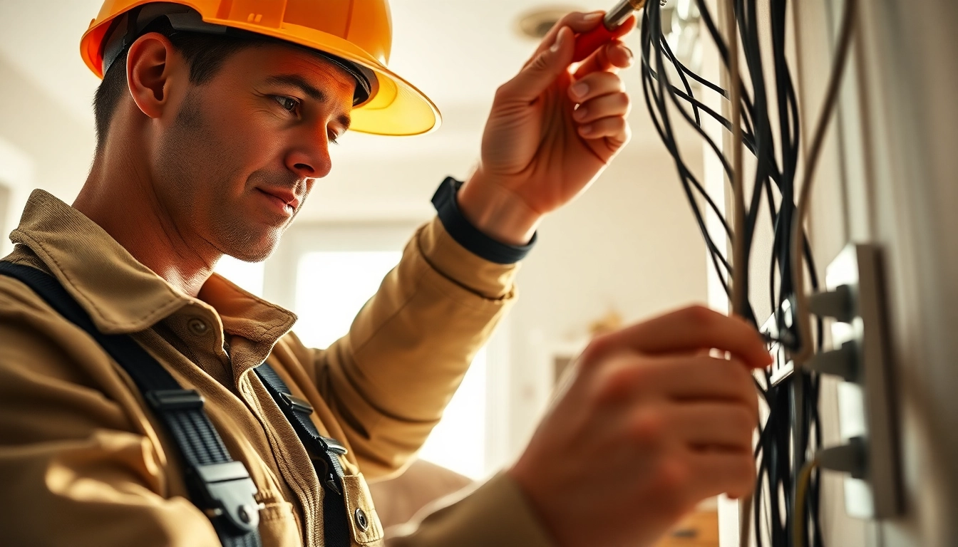 Electrician installing wiring with safety gear in a bright home environment.