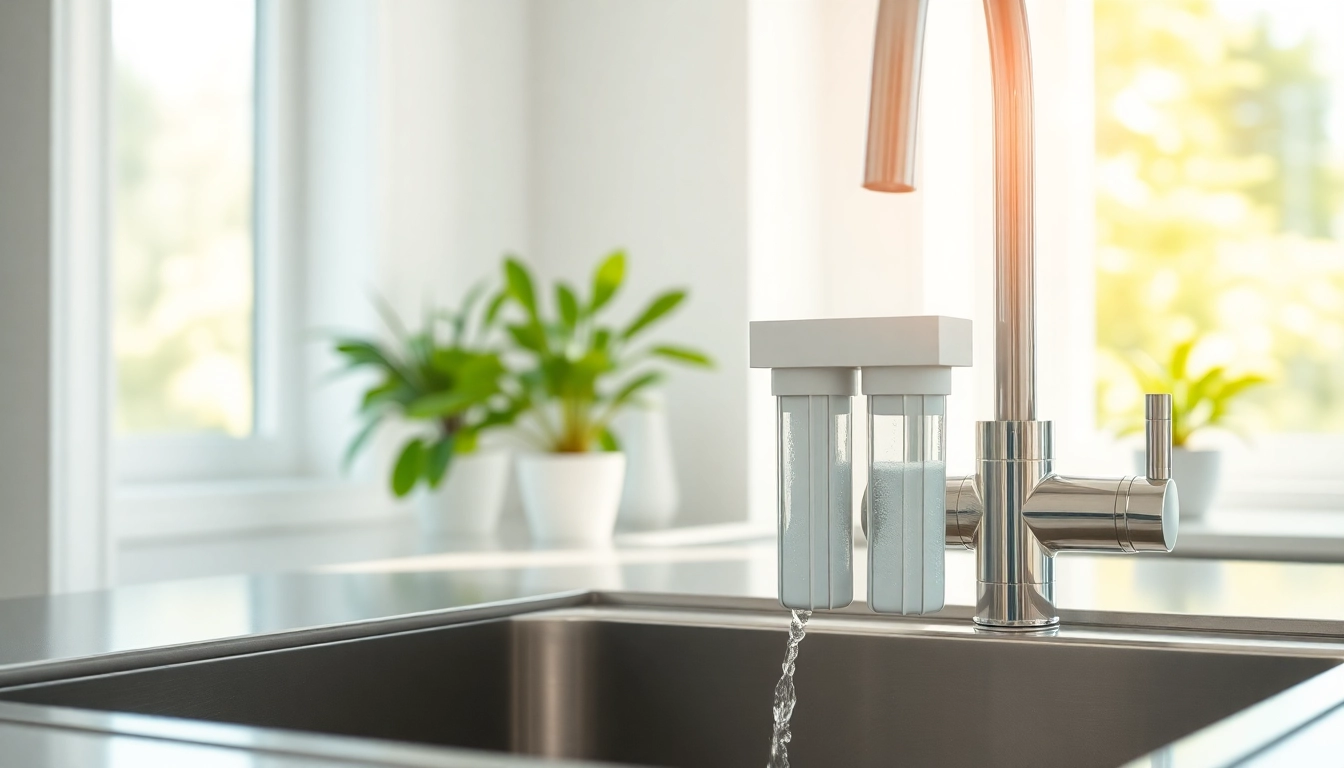 Showcasing residential water filtration solutions in a bright kitchen setting with flowing water.