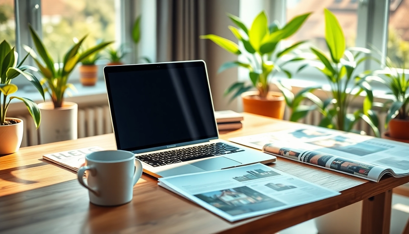 Engaging real estate blog setup featuring a laptop and magazines for insights.