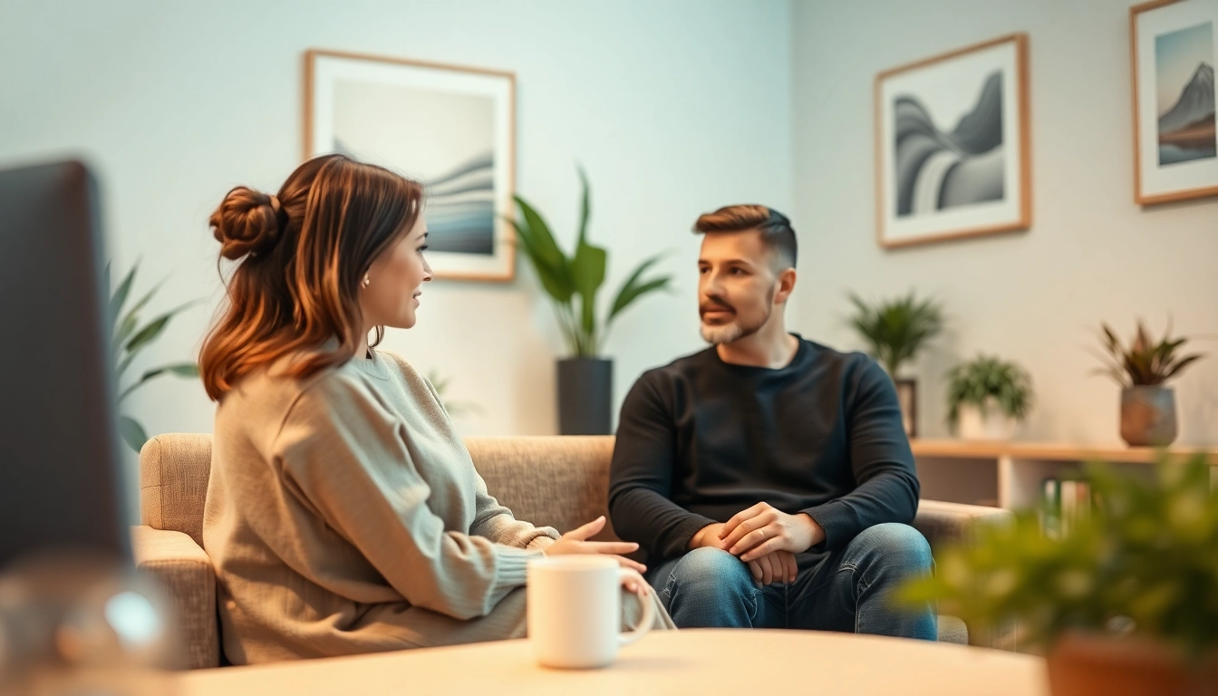 Engaged couple undergoing Relationship Therapy Austin in a serene office environment with a counselor.
