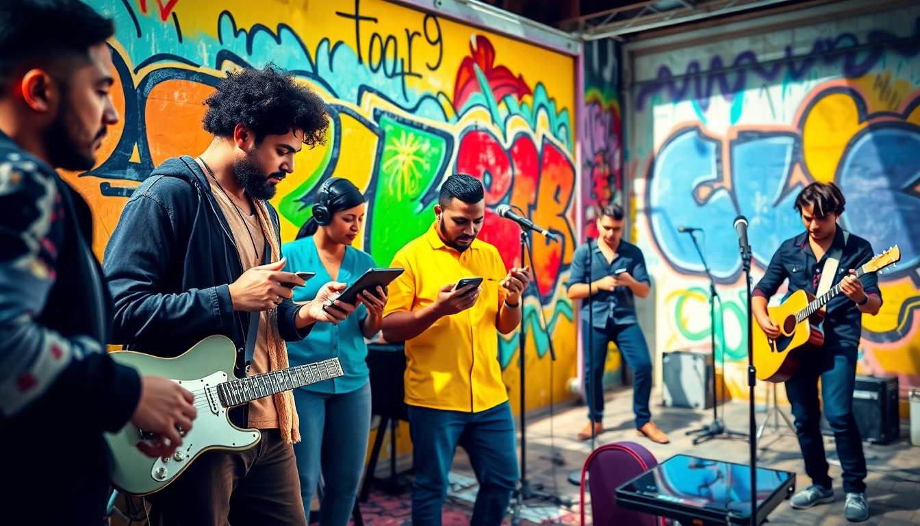 Showcasing music promotion services with musicians collaborating in a vibrant urban environment.