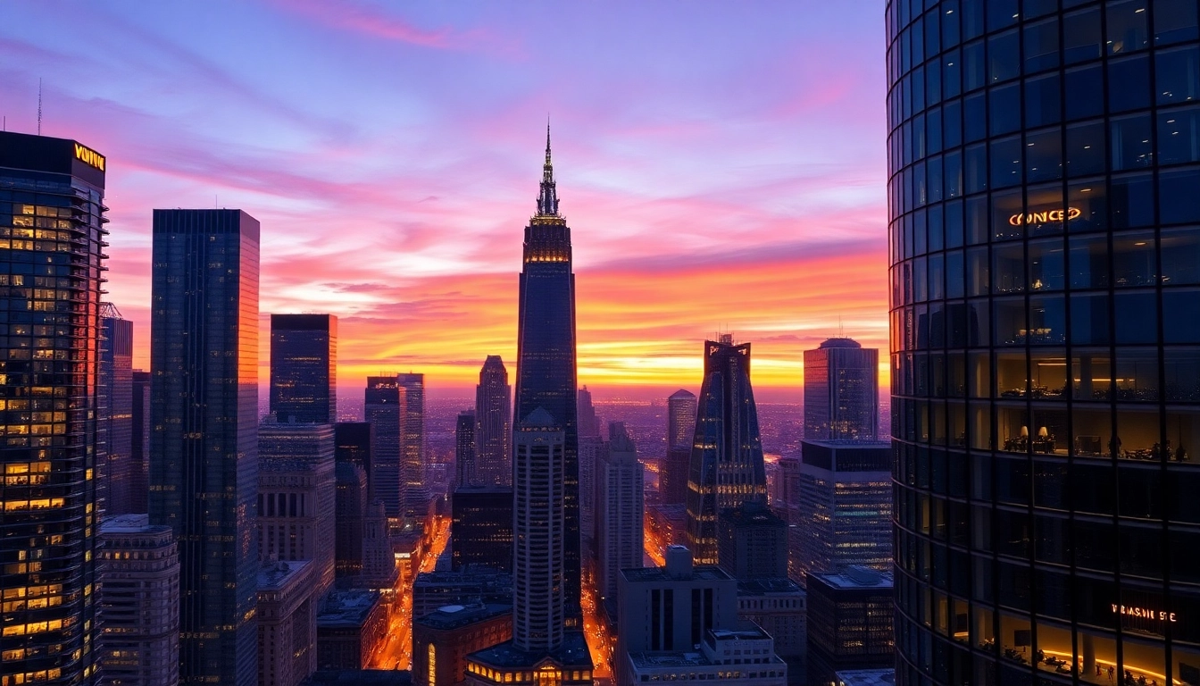 Access Yono vip services through a stunning cityscape showcasing advanced financial solutions at dusk.
