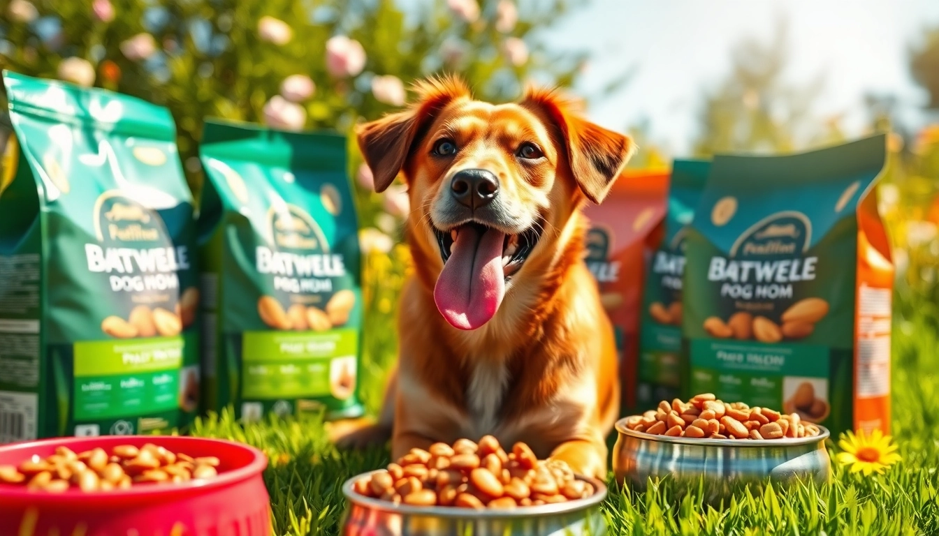 Promote badlands ranch dog food canada with a happy dog amid premium dog food bags outdoors.