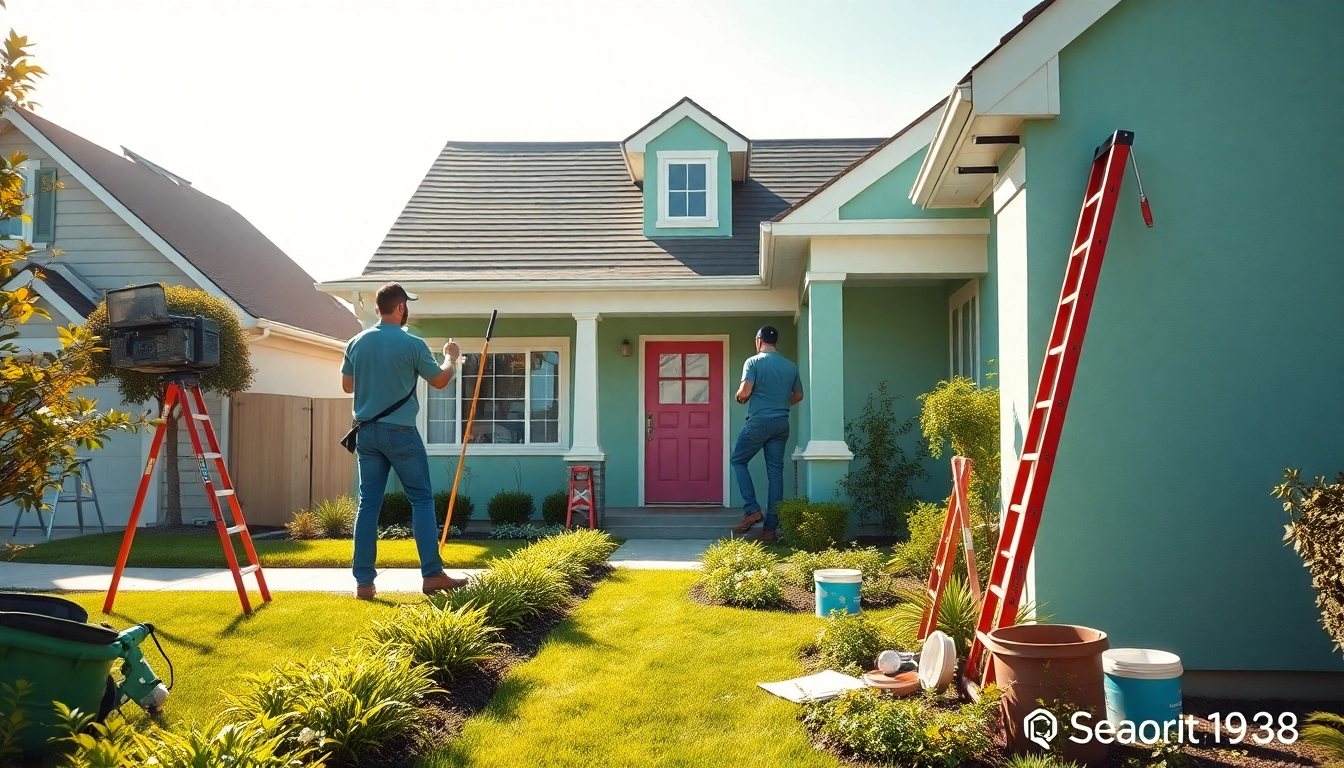 Exterior painters near me adding vibrant colors to a suburban home's facade.