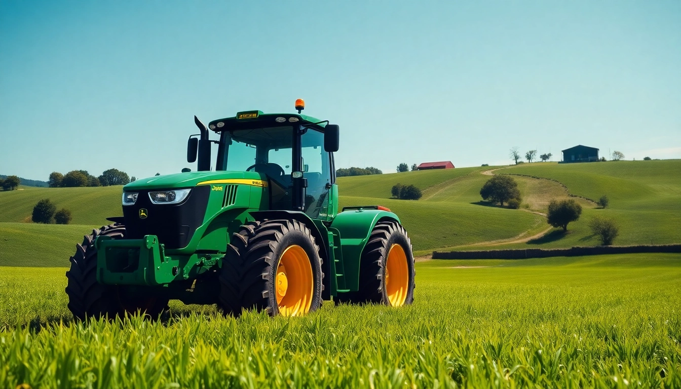 John Deere Traktor arbeitet auf einem grünen Feld unter blauem Himmel.
