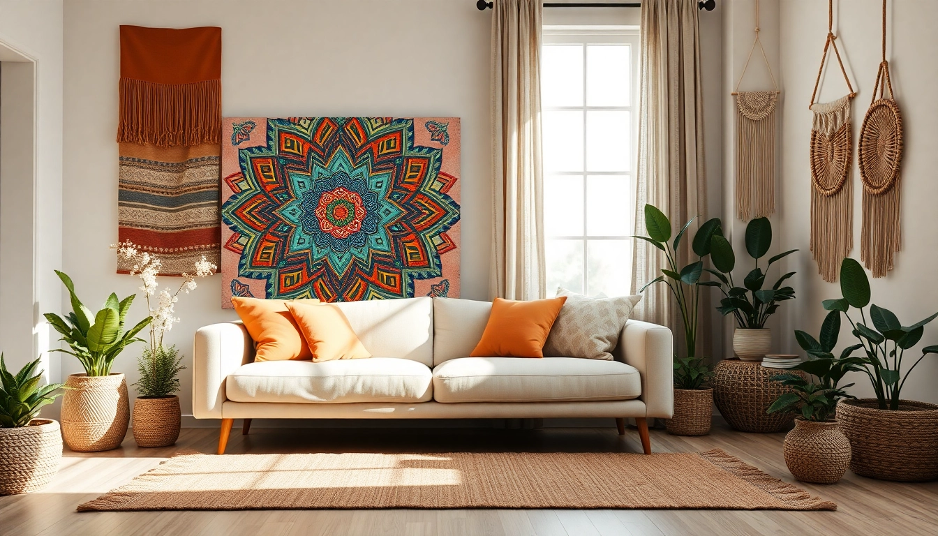 Showcase of boho decor prints in a cozy living room with vibrant colors and textures.