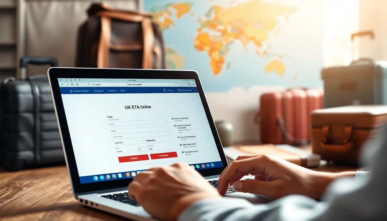 Apply for the uk eta online application in a professional travel setting with a laptop.