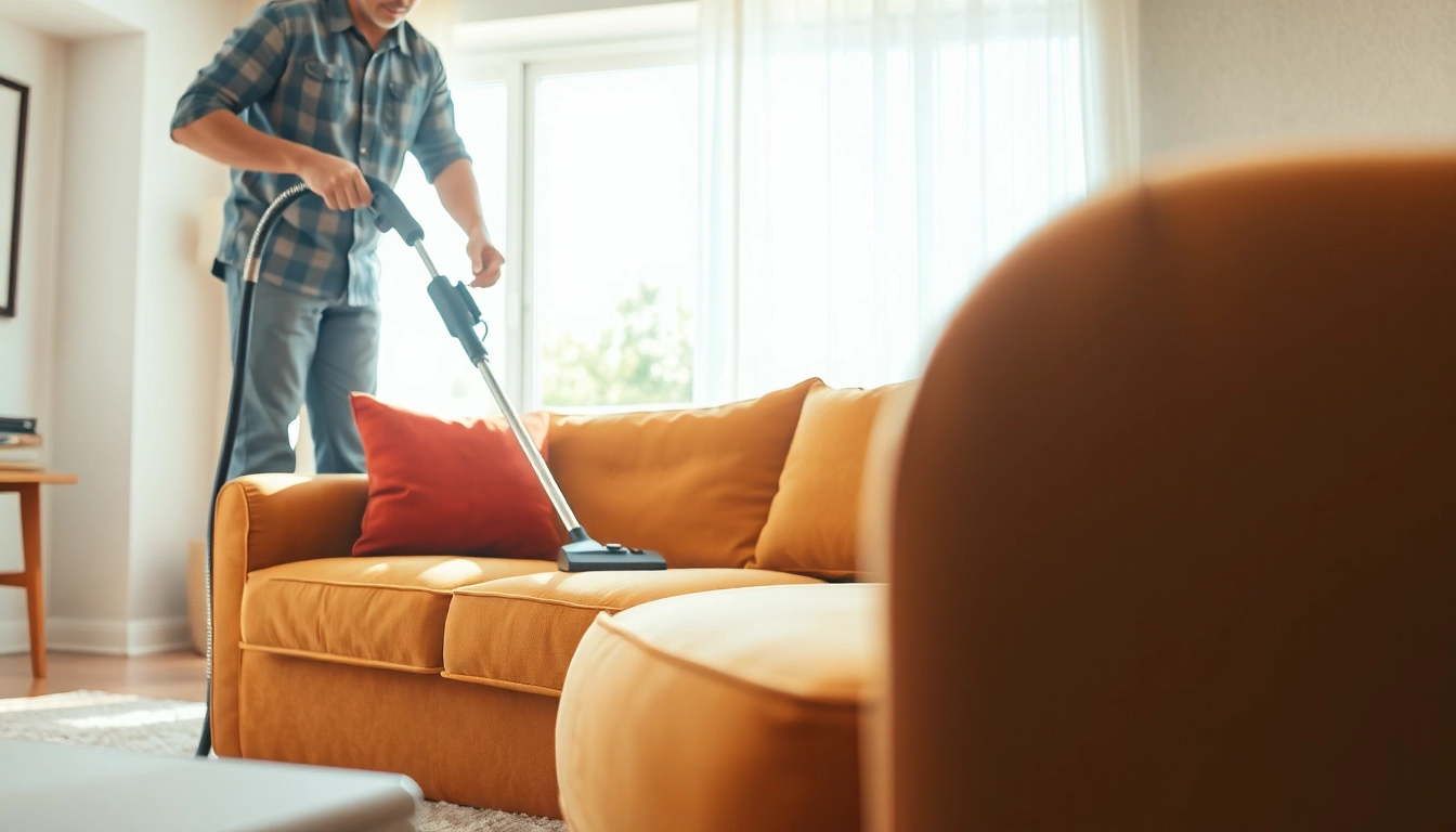 Upholstery cleaning Isle of Man with a professional technician conducting a deep cleaning session in a stylish living room.