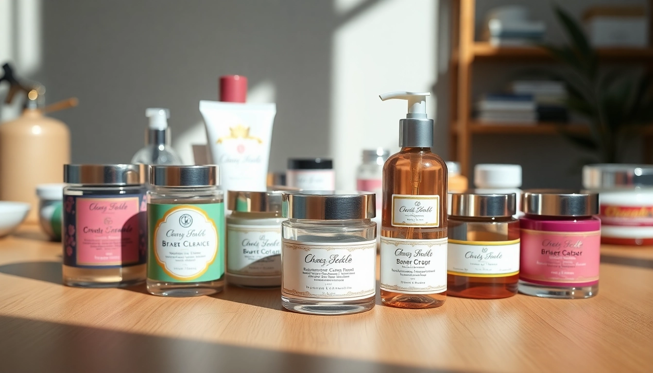 Showcase of cosmetic label printing on elegant beauty containers in a professional setting.
