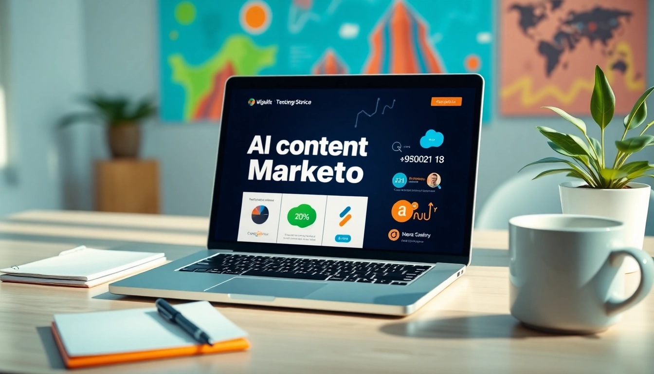 Engaging interface of an AI content marketing platform viewed on a laptop amidst colorful marketing graphics.