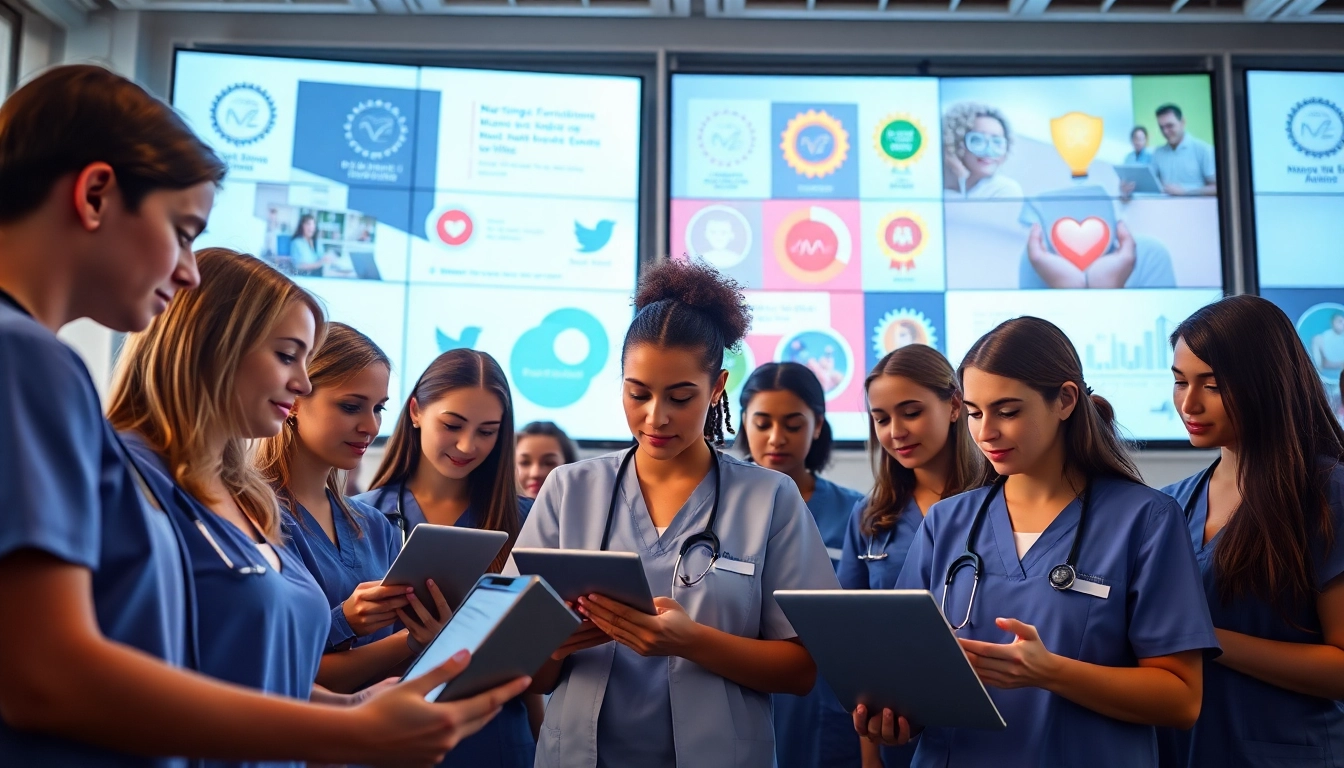 Nursing Continuing Education: Nurses actively learning through engaging online courses in a collaborative setting.