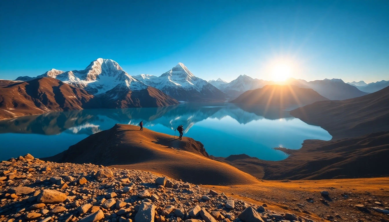 Trekkers navigating the stunning Everest Base Camp via Gokyo Lakes Trek with vibrant turquoise lakes and peaks.