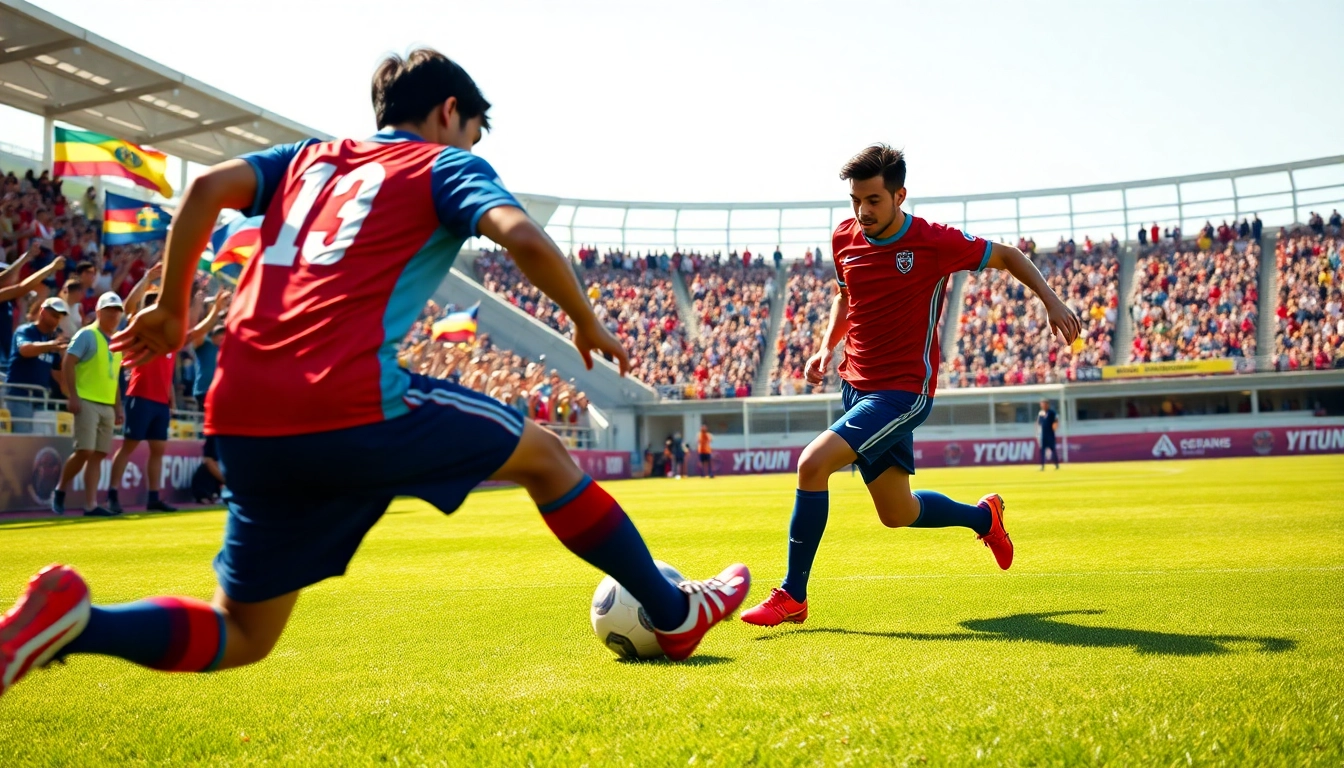 Sepakbolacc game in action, showcasing players' skills and audience excitement in a vibrant stadium.